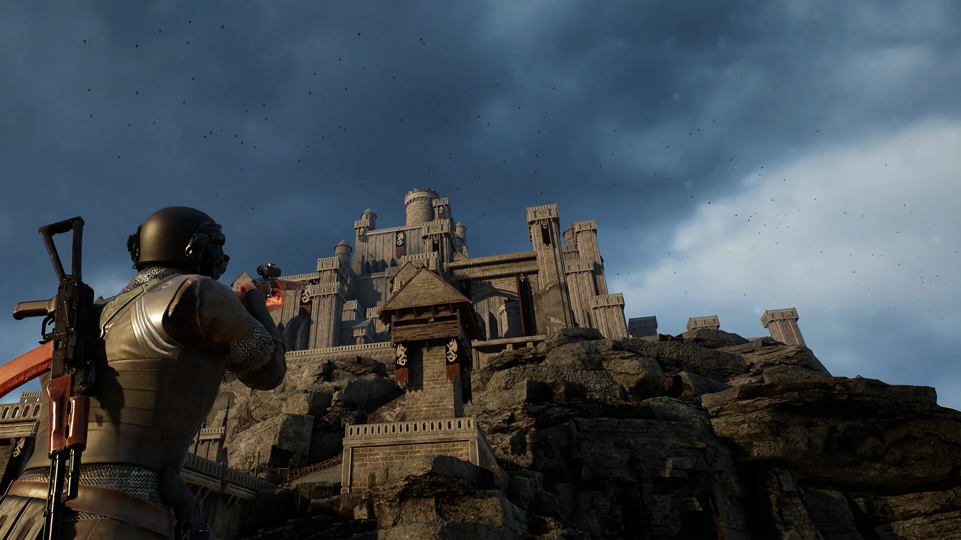 A soldier with a rifle looks toward a stone castle on a rocky hill under a stormy sky.