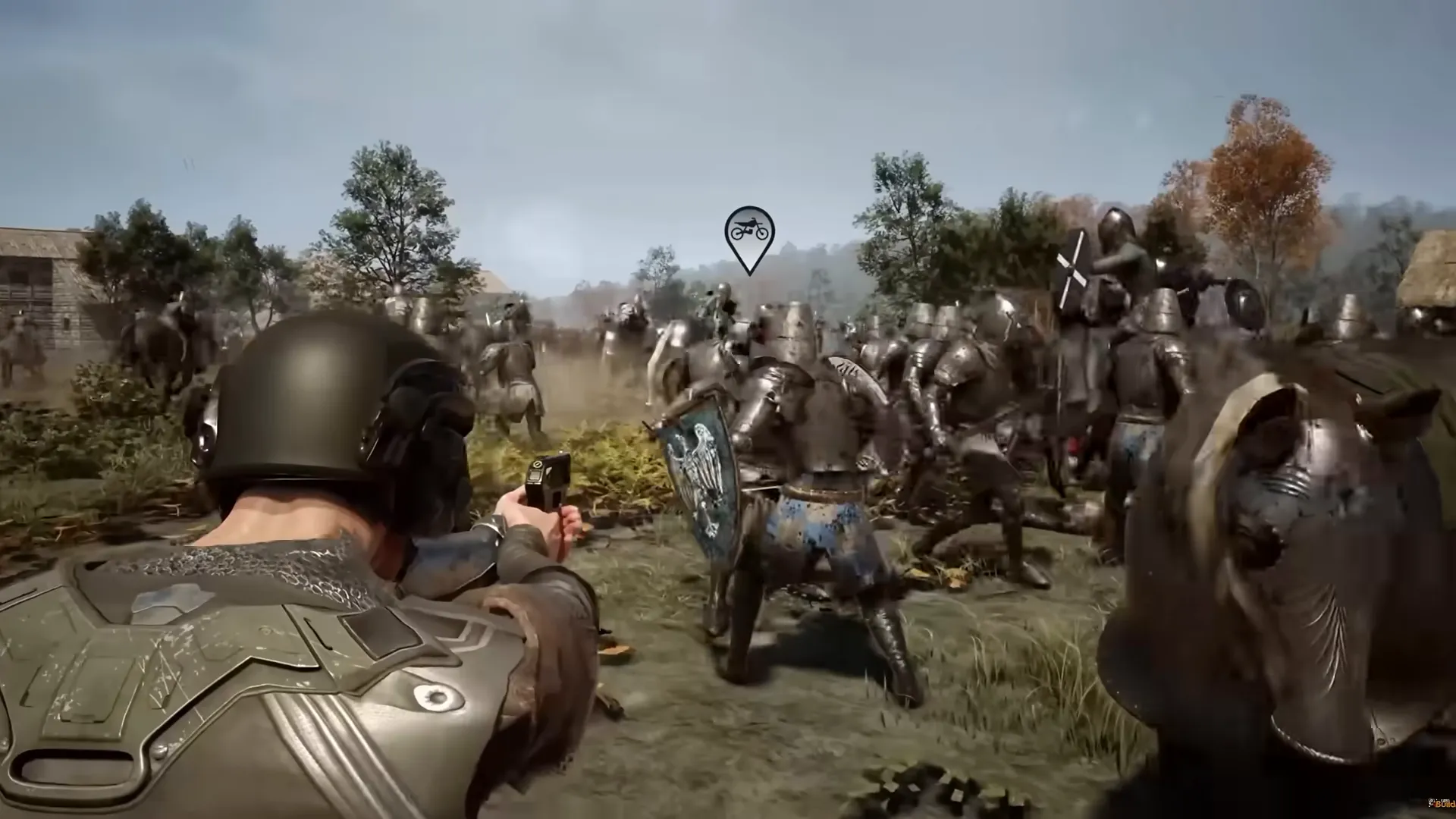 A helmeted soldier in a modern vest aims a pistol at a crowd of knights in plate armour, one with a blue shield, and a horse in metal armour fills the right edge.