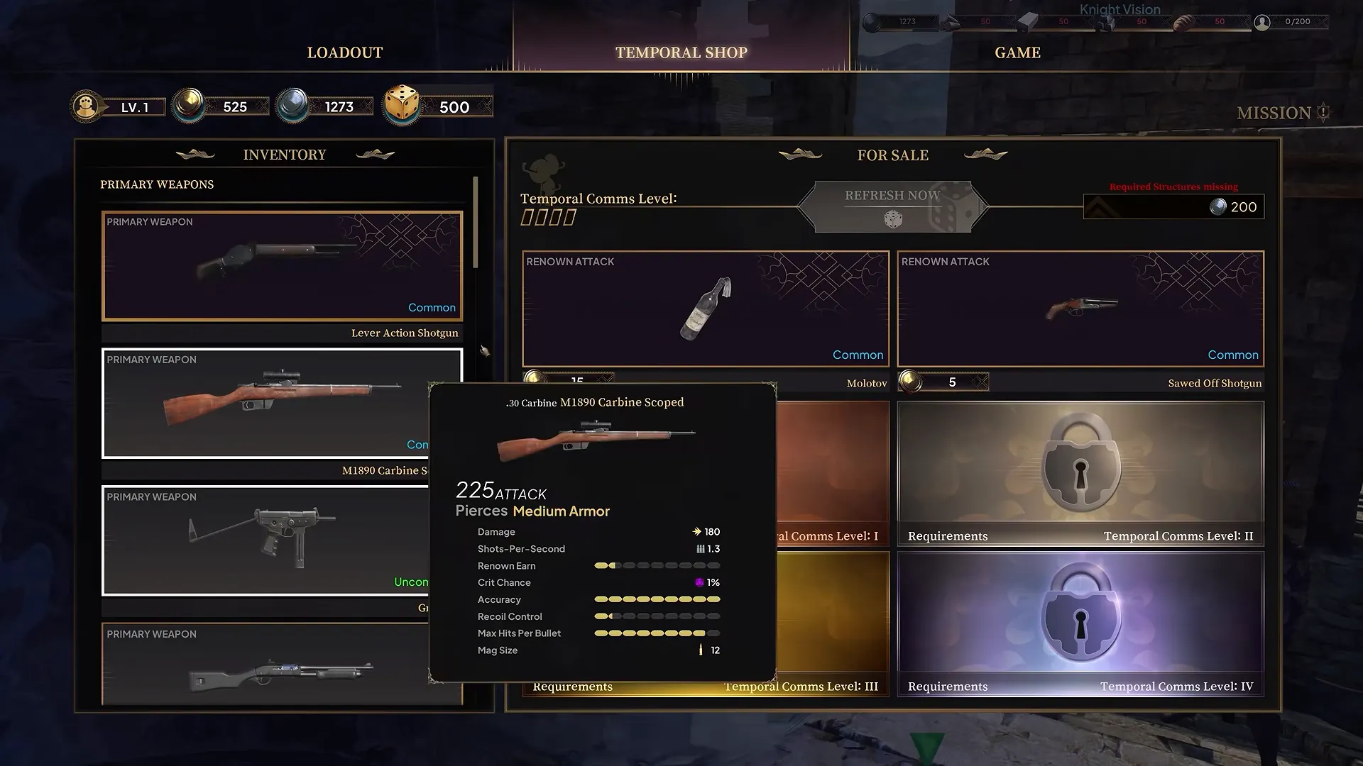 A menu with Loadout and Temporal Shop tabs, a list of guns and a stats panel for one of them.
