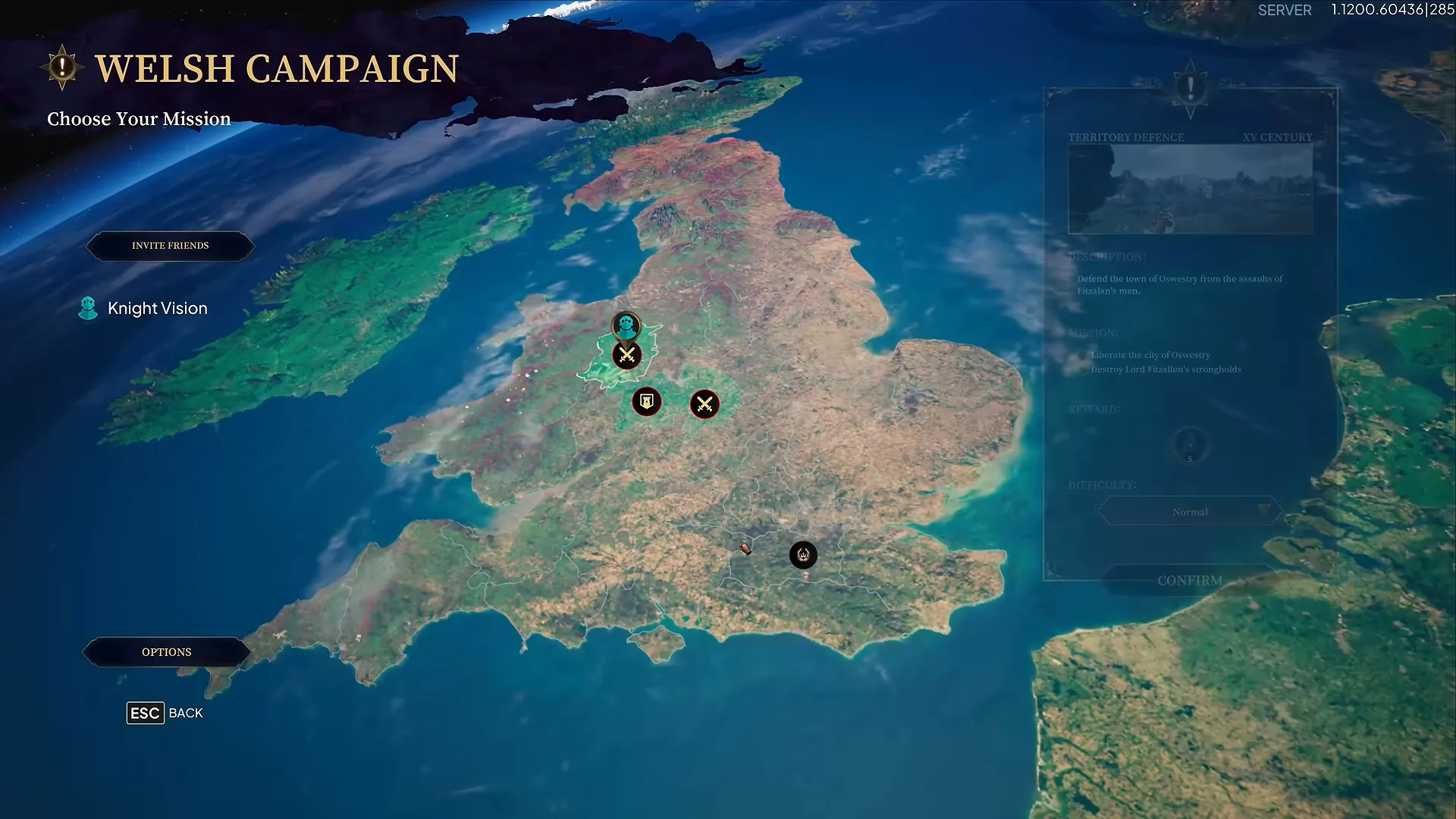 A mission-select screen whose heading reads Welsh Campaign, with a few markers on a large map.
