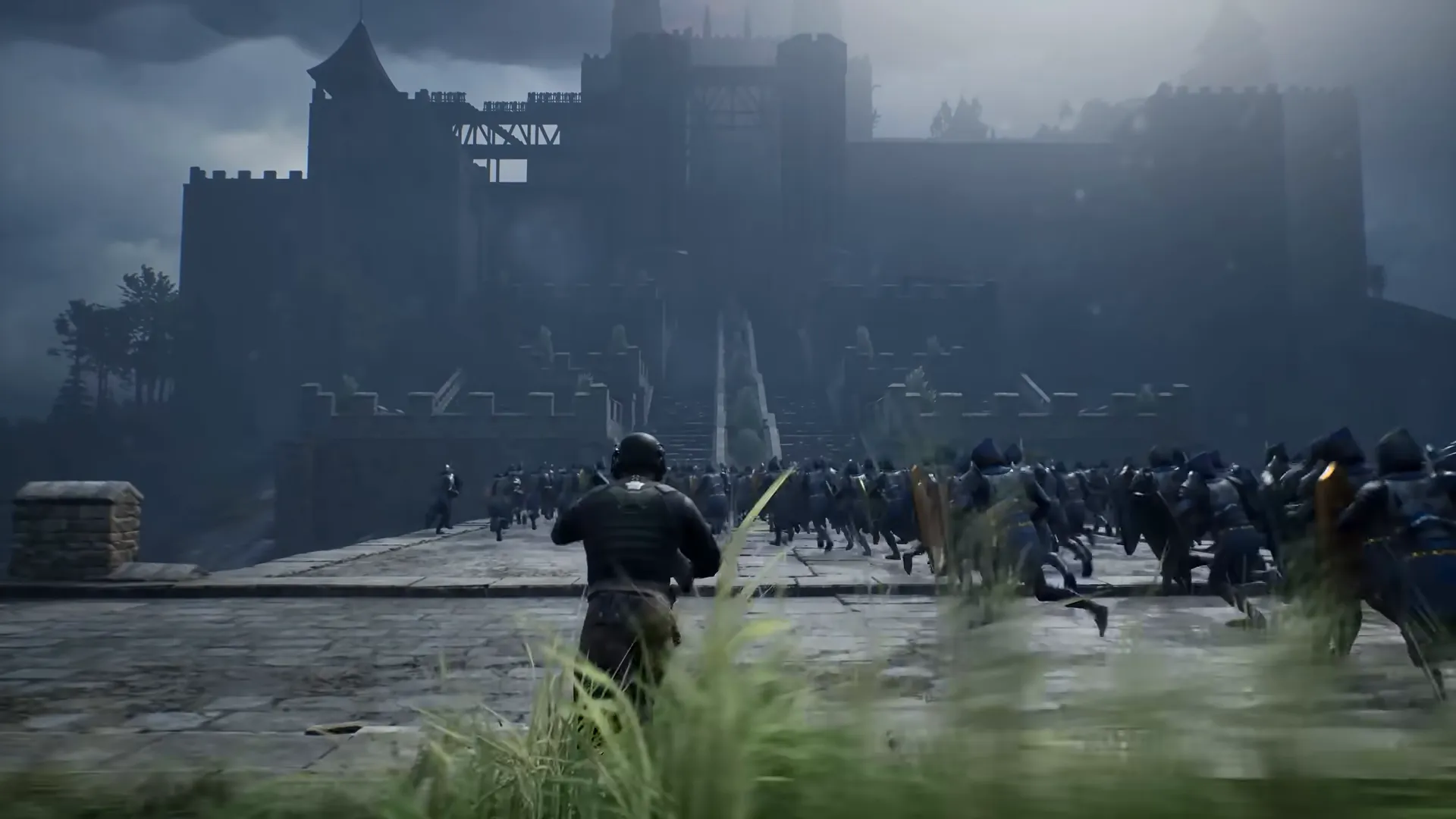 Soldiers run across a stone causeway toward a large castle under a stormy sky.
