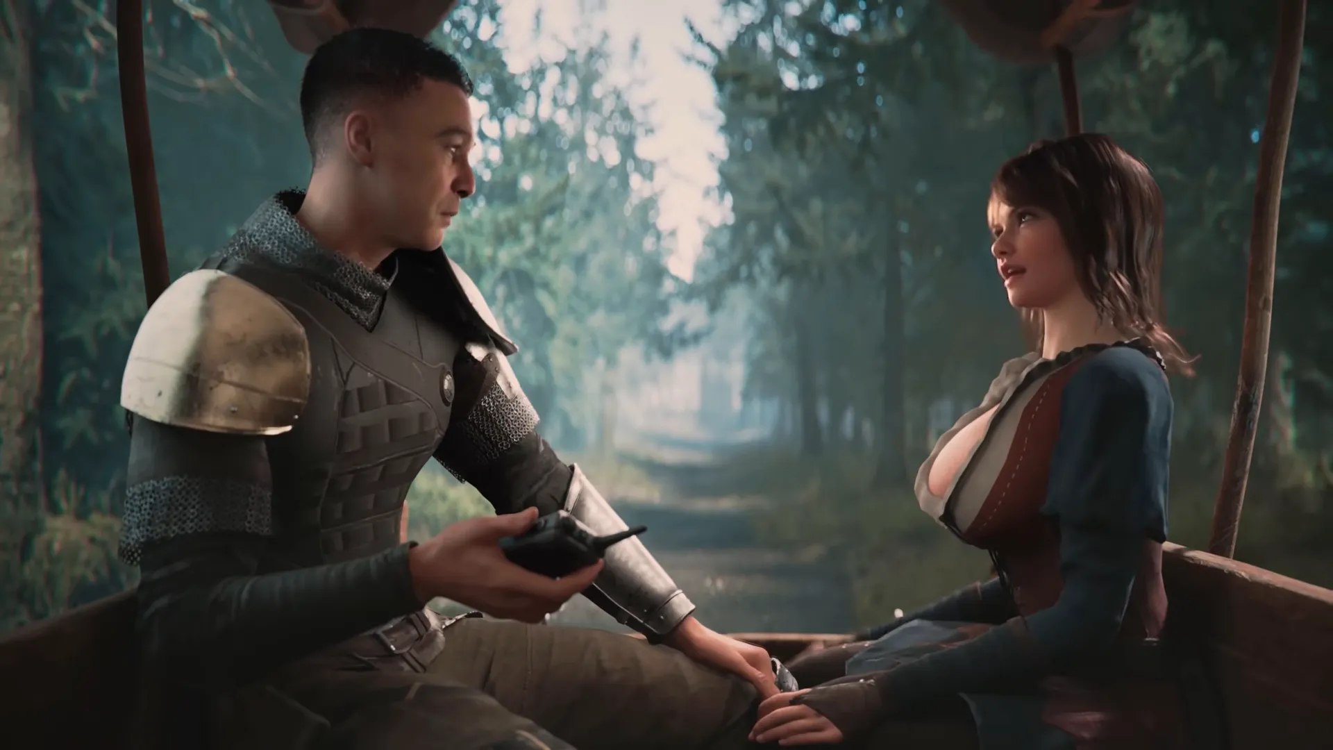 A cutscene of a man in plate shoulder armour holding a handheld radio, seated facing a woman.