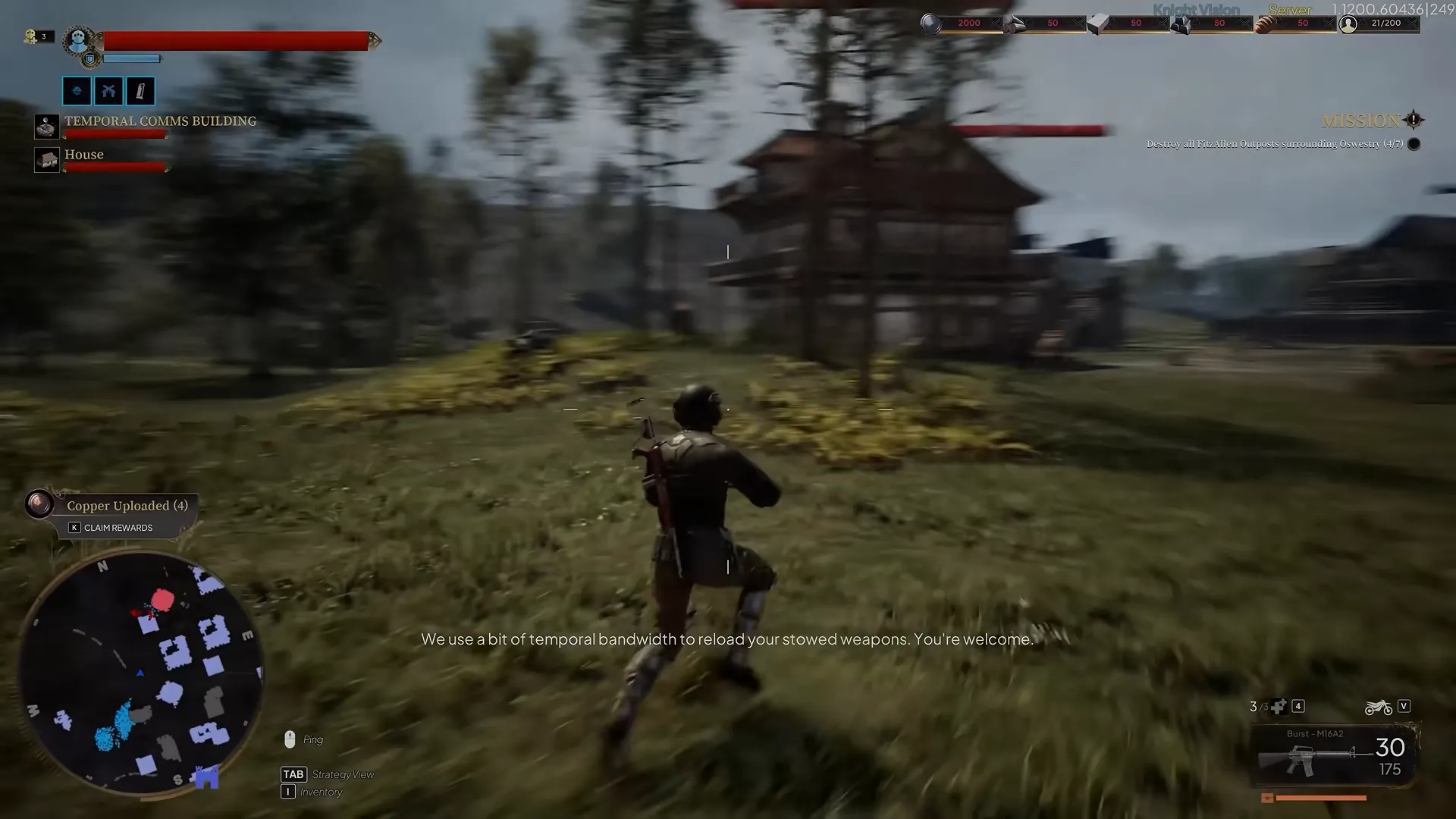 Third-person view of a soldier running across a field toward timber buildings, with a health bar, minimap, subtitles and an ammo counter on screen.