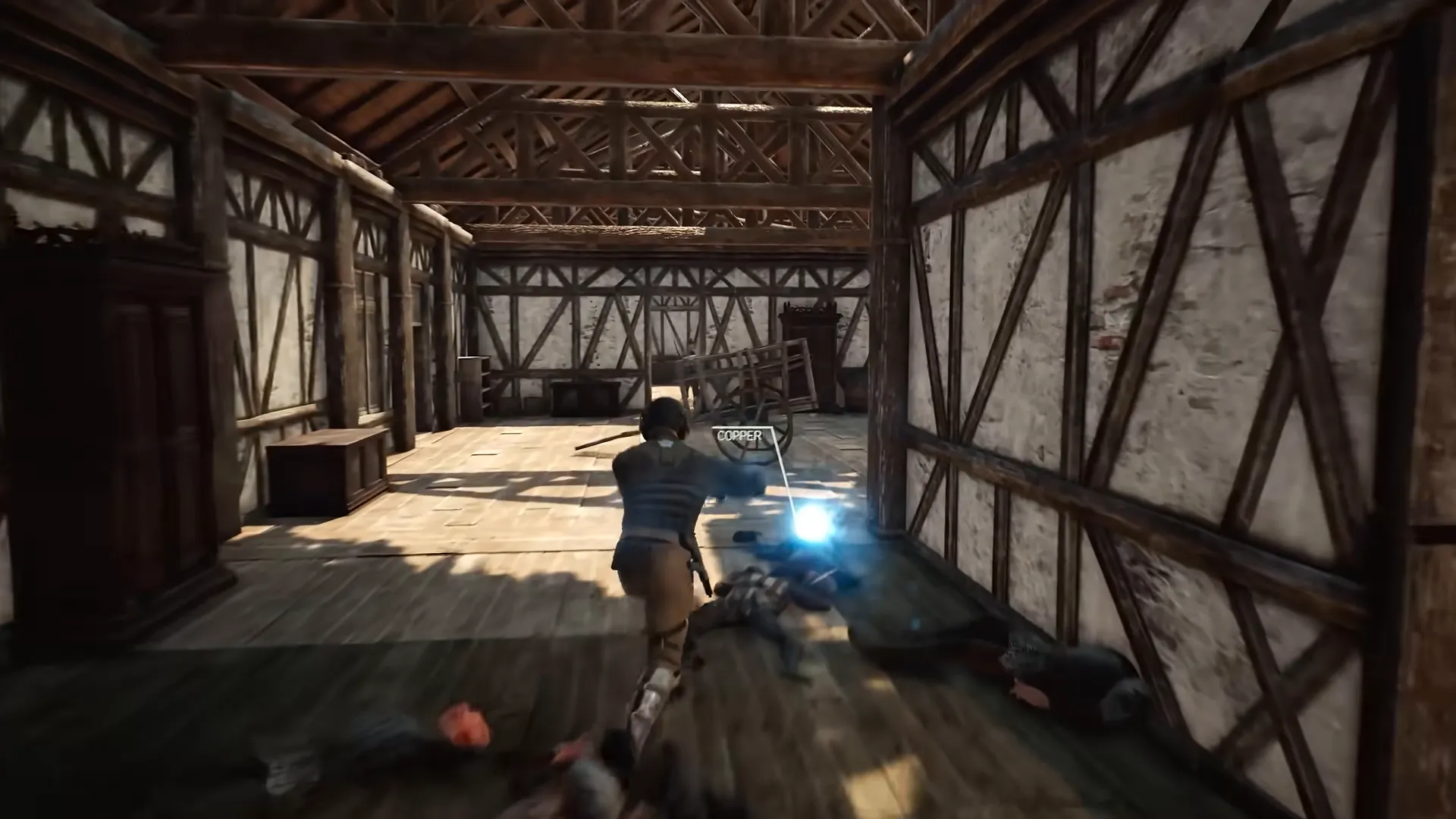 Inside a long timber-framed building, a figure runs toward a glowing pickup labelled Copper, with bodies on the floor.