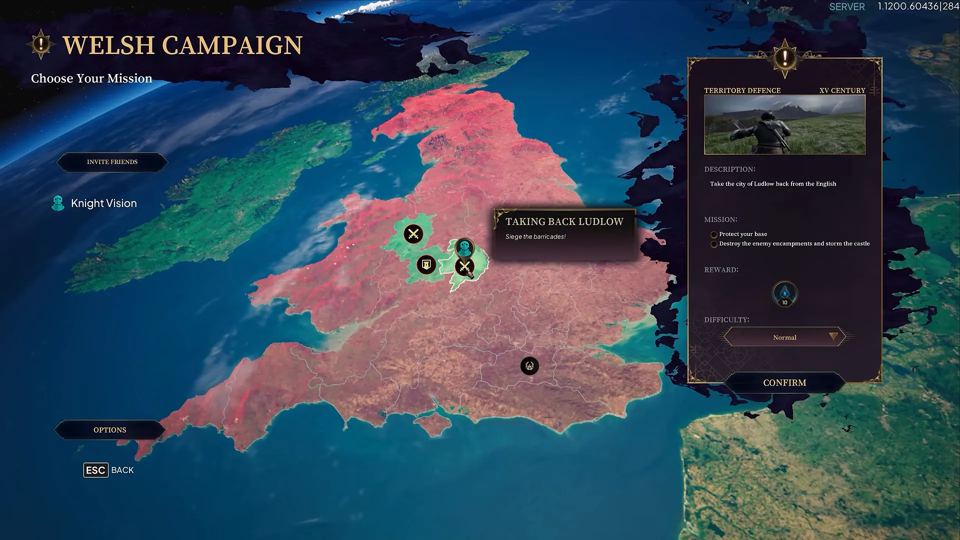 A campaign screen headed Welsh Campaign: a map of Britain shaded red with a few green areas, a tooltip reading Taking Back Ludlow, and a mission card on the right.