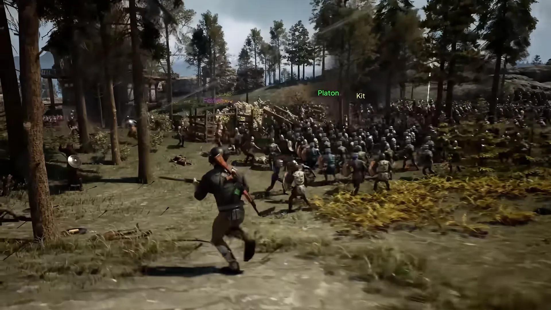 A soldier runs toward a large army at the edge of a forest, with two name tags floating above the crowd.