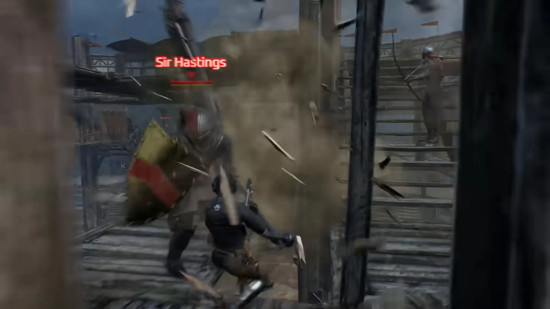 An armoured enemy with a name tag above him, partly hidden by bright flying debris near a wooden wall.
