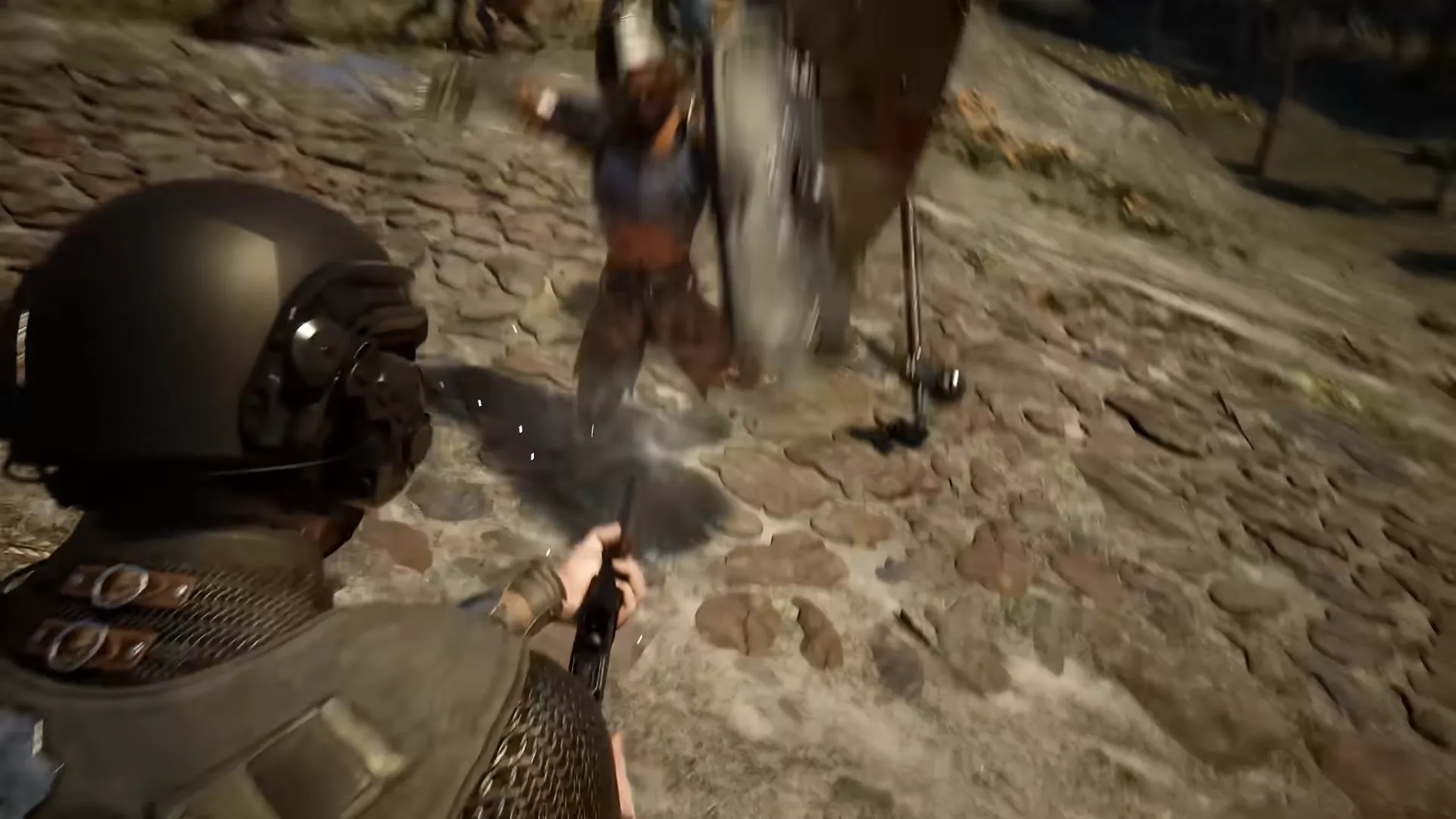A helmeted soldier fires a pistol at an enemy raising a shield on a cobbled street.