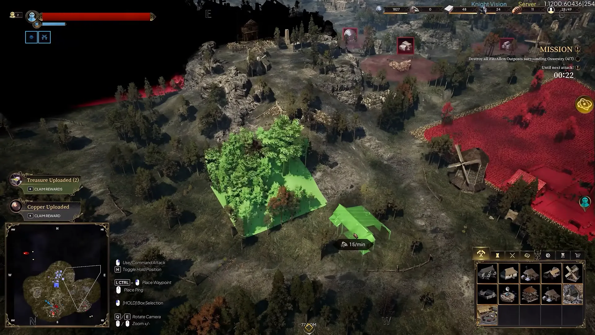 Strategy view over wooded hills, with one area shaded green beside an area shaded red, and building icons along the bottom of the screen.