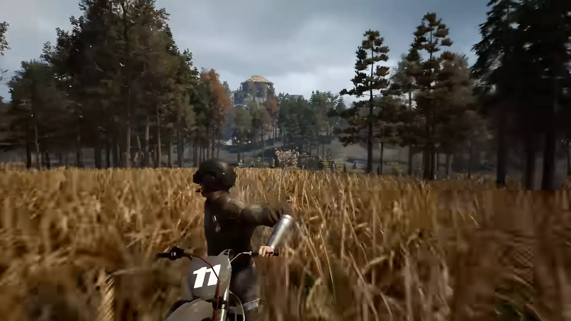 A helmeted rider on a motorbike carrying the number 11 crosses a field of tall dry wheat, with pine trees and a domed building on a distant hill.
