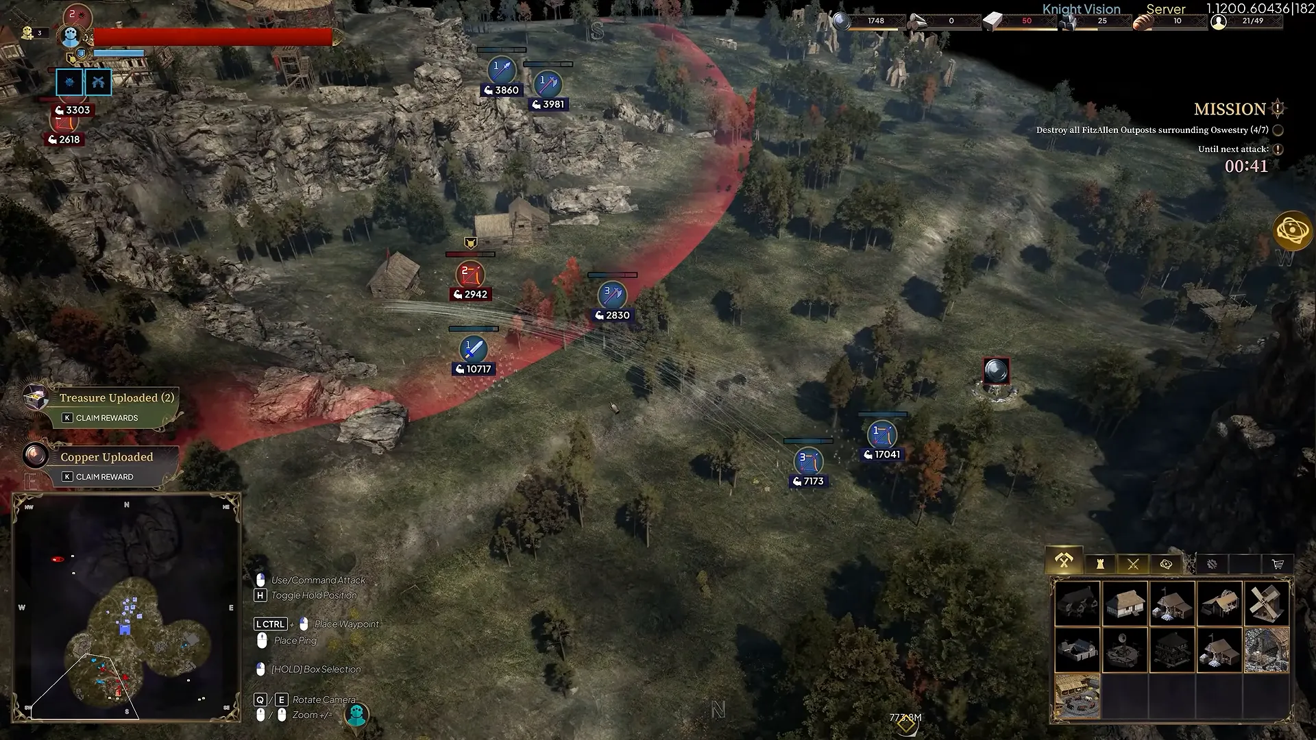 Top-down strategy view of forest and buildings with unit icons and a red boundary line.