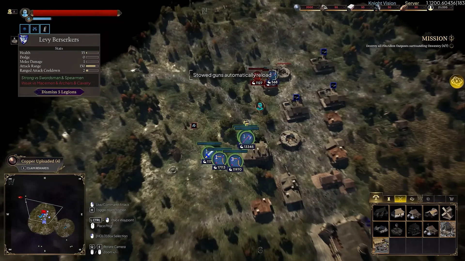 Strategy view over a settlement in woodland, with a unit information panel open at the upper left.