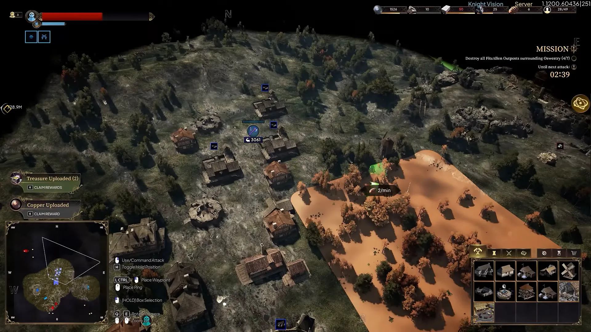 Strategy view over a hilltop settlement with an area shaded orange, a minimap at the lower left and a row of building icons at the lower right.