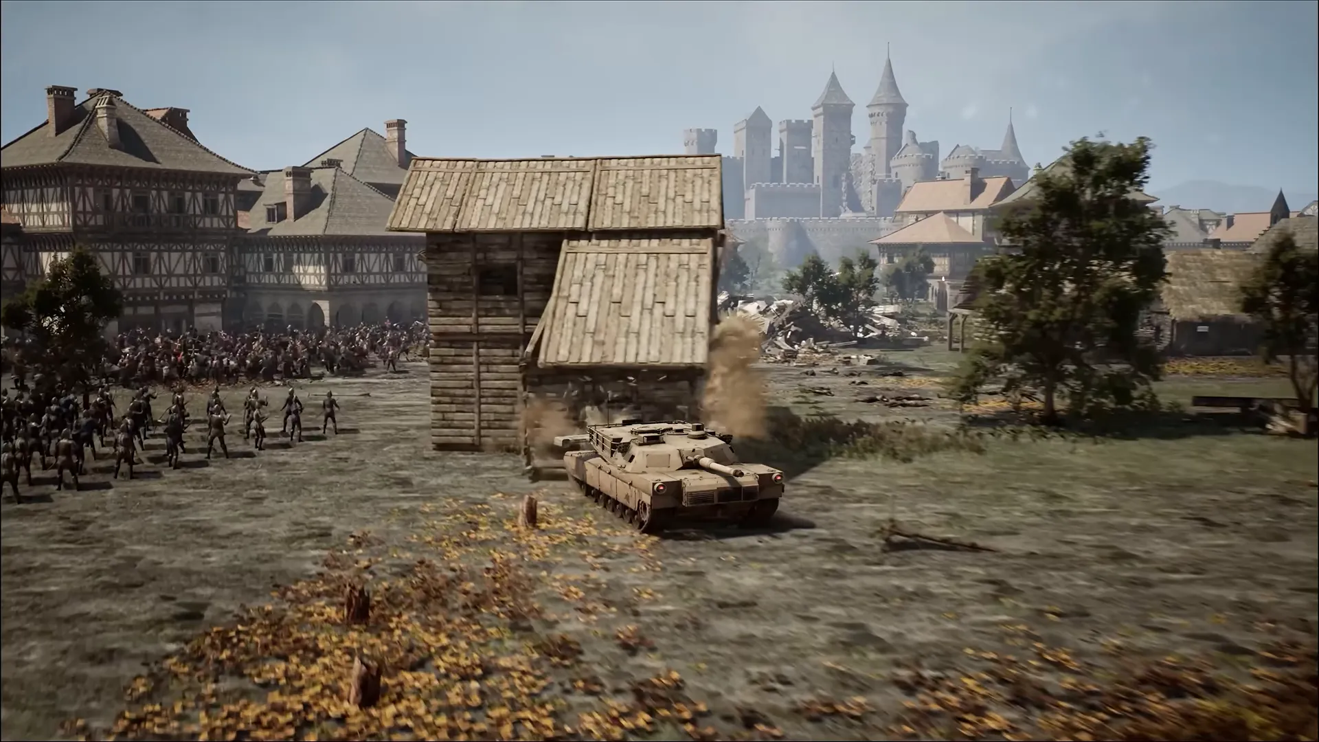A tank rolls through a town past rows of soldiers, with a castle on the skyline.