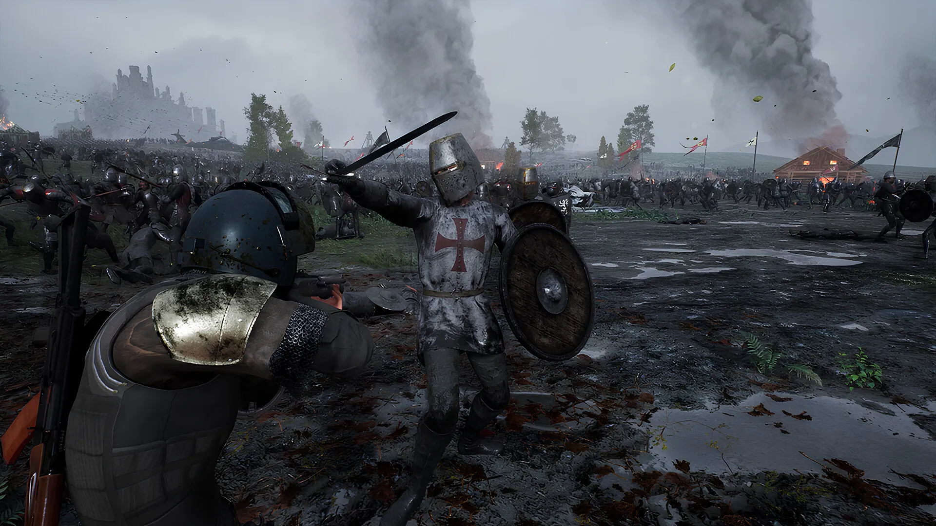 A knight in a white tabard with a red cross swings a sword at a helmeted soldier on wet ground.