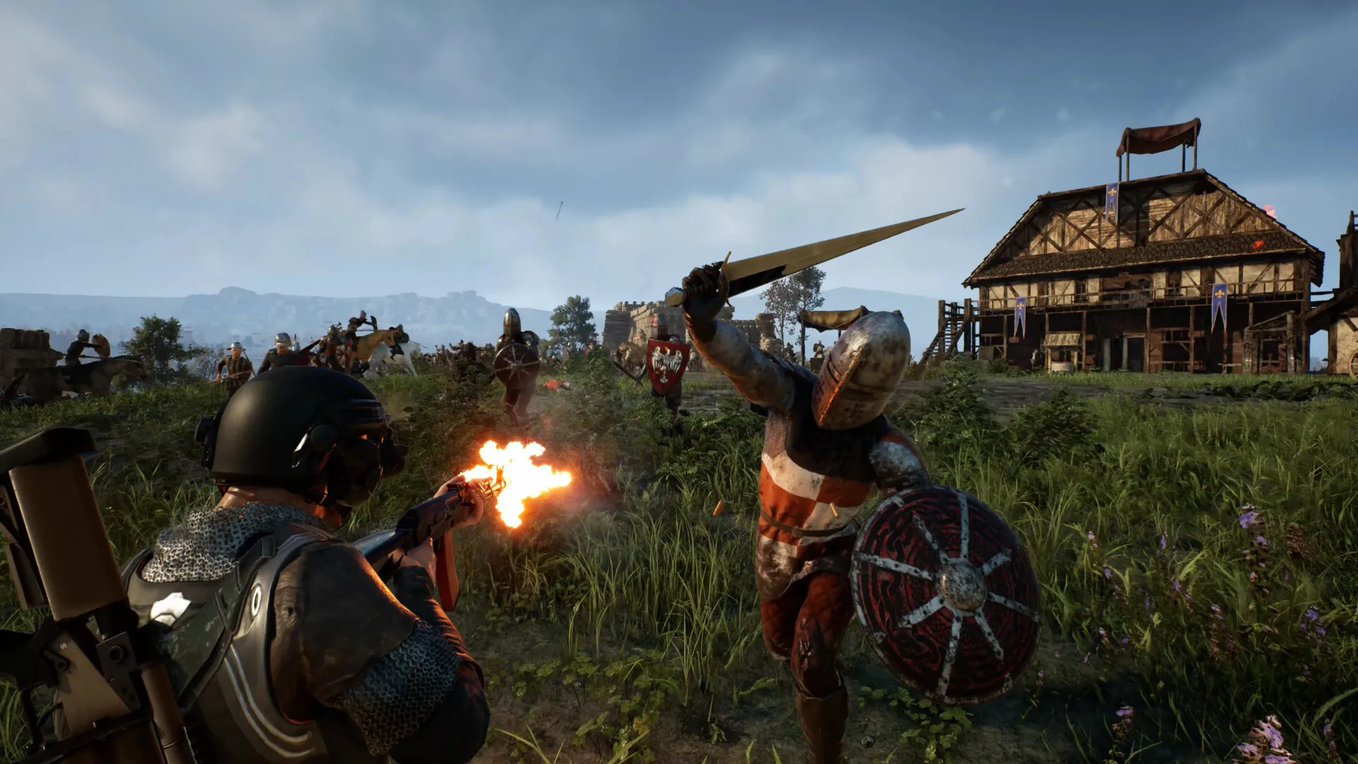 A soldier fires a pistol at a swordsman with a round shield in front of a timber-framed house.