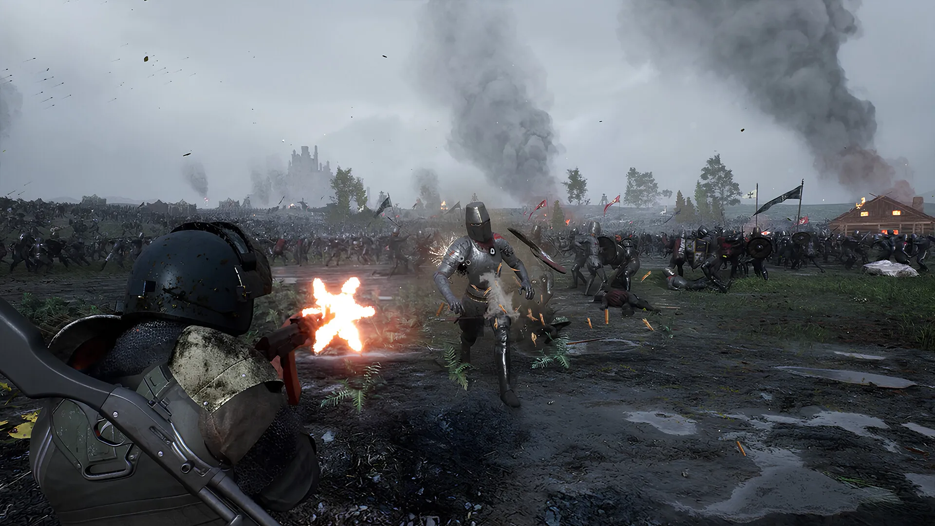 Over the shoulder of a helmeted soldier firing a rifle at an armoured knight on a muddy field with smoke behind.