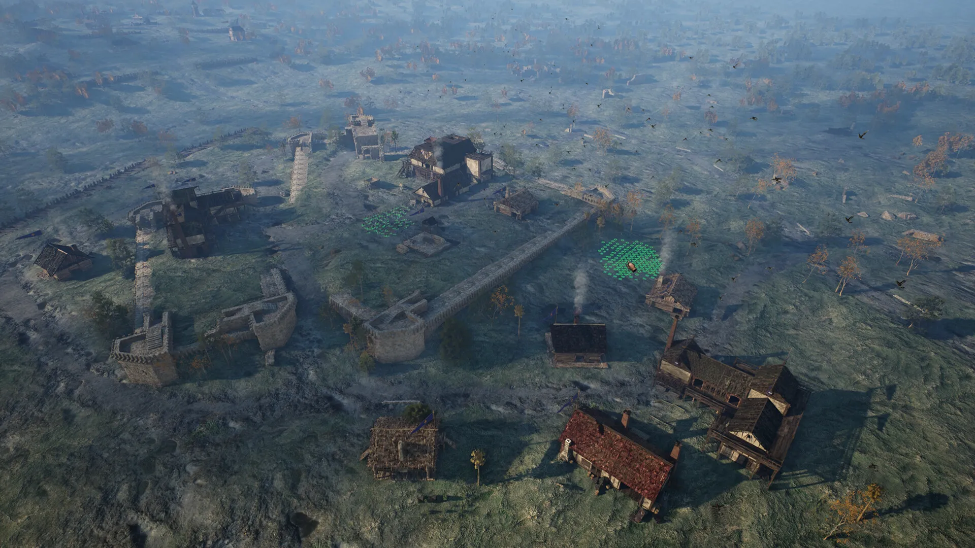 A high overhead view of a small walled settlement of timber houses and stone walls, with green grid markers on the ground.