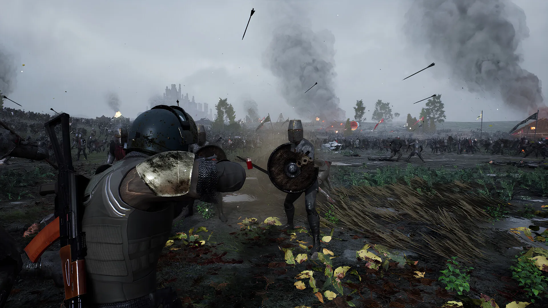 A medieval soldier with a round shield turns toward a helmeted soldier as arrows fly over a burning field.