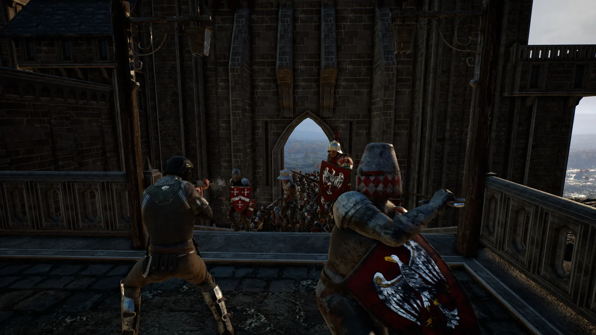 Close quarters inside a stone tower: a modern soldier and a knight with an eagle shield brace against attackers at a doorway.